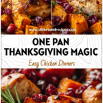 Roasted chicken with sweet potatoes and cranberries on a Thanksgiving Sheet Pan meal.